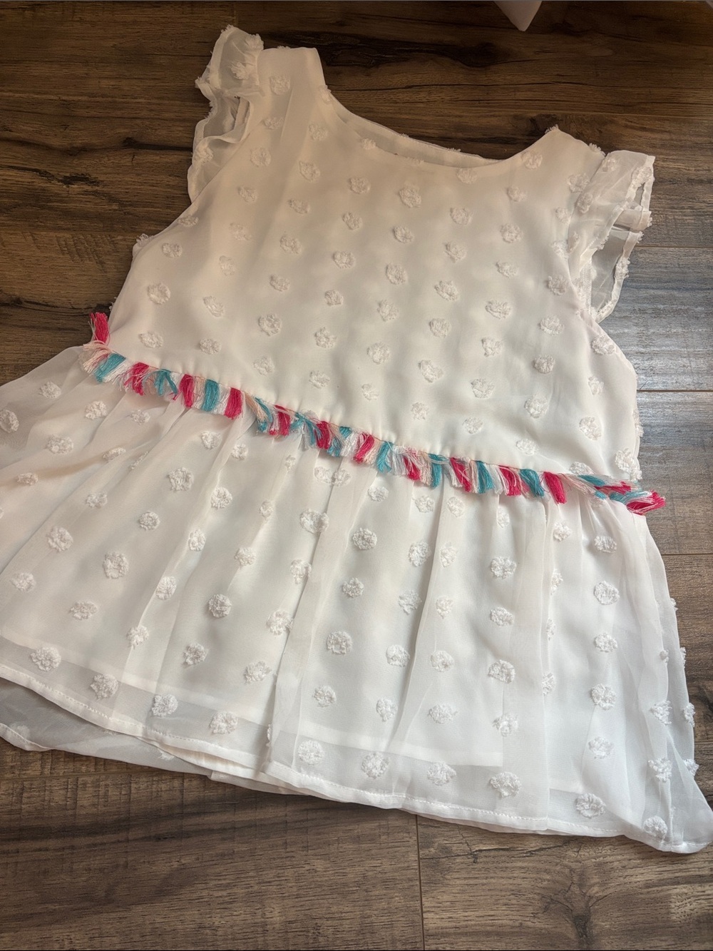 Girls' White Swiss Dot Peplum Blouse with Pink & Teal Trim